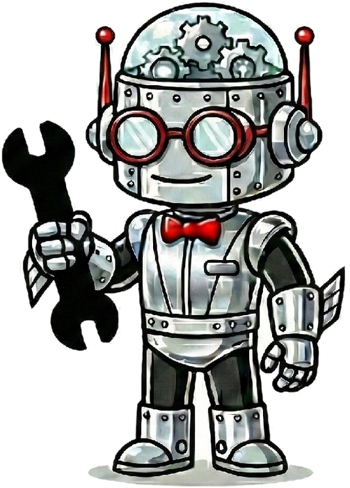 Nerd Bot, the Hoosier Nerd mascot, holding a wrench
